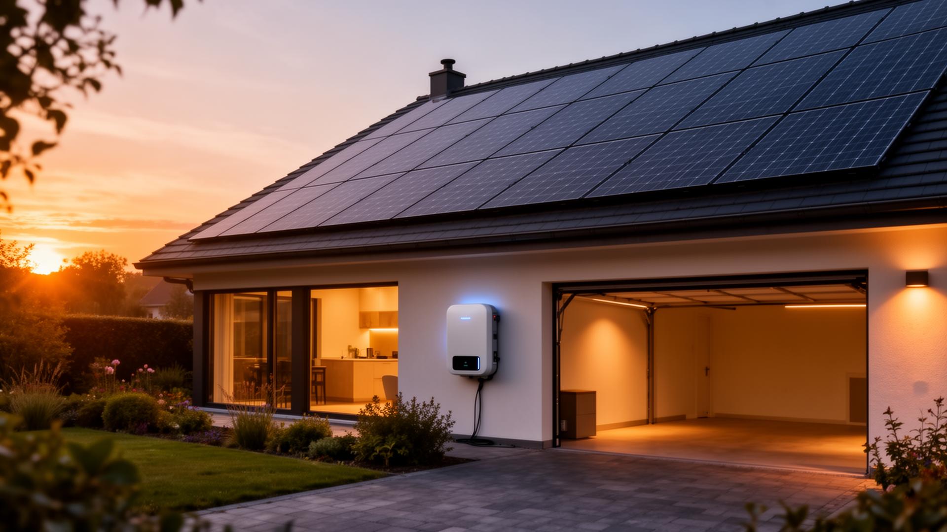 Maison belge avec panneaux solaires sur le toit et batterie domestique dans le garage, au coucher du soleil